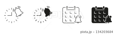 Alarm Clock And Calendar Reminder Icon Set. Time Management, Scheduling, And Notification Outline And Silhouette Symbol Collection. Efficient Planning And Organization. Isolated Vector Illustration 134203684