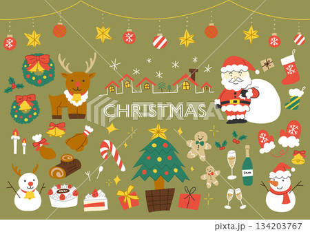 クリスマスのものを集めた手描きの色ベタイラストセット クリスマスのものを集めた手描きの色ベタイラストセット 134203767