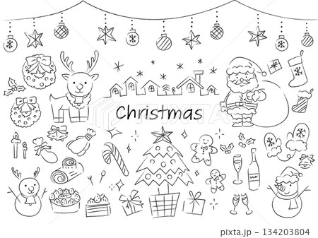 クリスマスのものを集めたアナログ風の手描きイラストセット 134203804