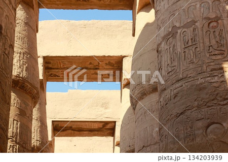 Ancient egyptian temple columns with hieroglyphic carvings. Karnak temple in Luxor, Egypt 134203939