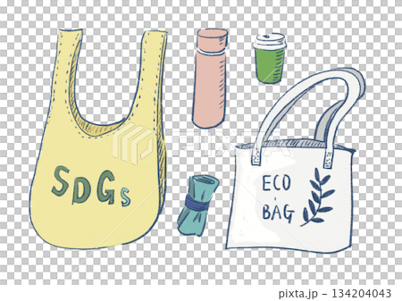 エコバッグとマイボトルなど環境配慮アイテムのイラスト|エコバッグ,SDGs,マイボトル エコバッグとマイボトルなど環境配慮アイテムのイラスト|エコバッグ,SDGs,マイボトル 134204043