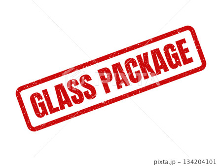 A red rectangular textured stamp with text indicating an entire package contains glassware needing gentle treatment A red rectangular textured stamp with text indicating an entire package contains glassware needing gentle treatment 134204101