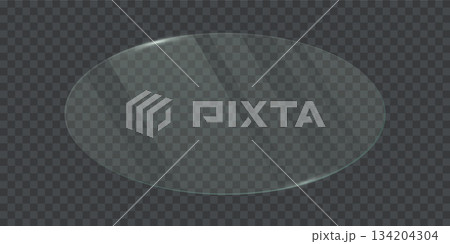 Transparent glass oval frame. 3d plastic blank screen isolated on on transparent background. Reflective surface panel with light glare. Modern UI element. Realistic vector illustration Transparent glass oval frame. 3d plastic blank screen isolated on on transparent background. Reflective surface panel with light glare. Modern UI element. Realistic vector illustration 134204304