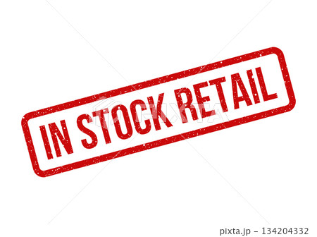 Distressed red rectangle stamp signifying current retail availability for various consumer products 134204332