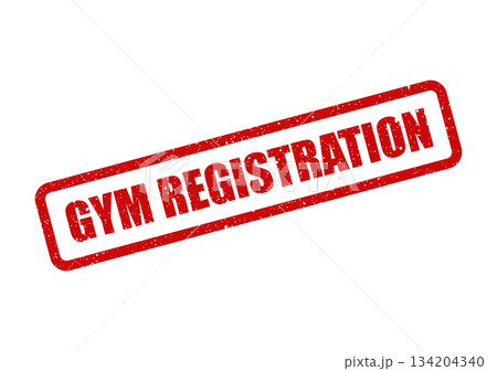 Distressed red rectangular rubber stamp graphic displaying the bold text GYM REGISTRATION for enrollment signage Distressed red rectangular rubber stamp graphic displaying the bold text GYM REGISTRATION for enrollment signage 134204340
