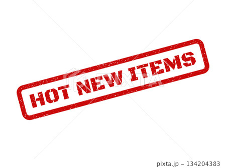 Distressed red rubber stamp featuring HOT NEW ITEMS text in a rectangular frame, ideal for product announcements Distressed red rubber stamp featuring HOT NEW ITEMS text in a rectangular frame, ideal for product announcements 134204383