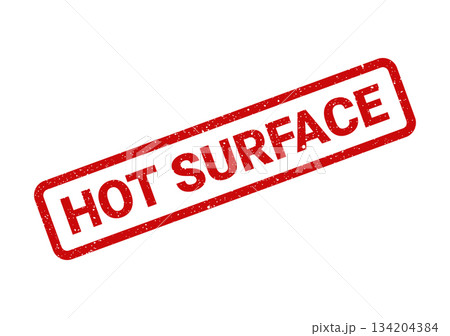 Distressed red rubber stamp featuring HOT SURFACE warning text in a rectangular outline, for safety notifications 134204384