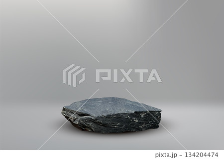 Stone podium background. Rock stand product display. Natural black marble pedestal on gray wall for product placement. Modern minimal cosmetic design. Fashion beauty realistic vector illustration 134204474