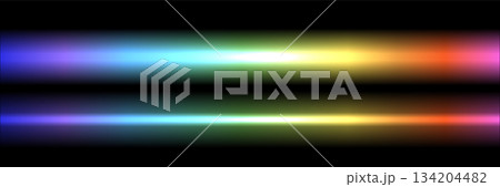 Neon light laser line in white, yellow, red, pink, blue and green colors. Vector night realistic electric stripes fluorescent led light bar collection isolated on black background 134204482