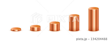 Bronze metal 3d cylinder vector illustration set. Realistic copper pedestal podiums of circle geometric shape stand with perspective, blank circular platform or stage for product, diagram graph Bronze metal 3d cylinder vector illustration set. Realistic copper pedestal podiums of circle geometric shape stand with perspective, blank circular platform or stage for product, diagram graph 134204488