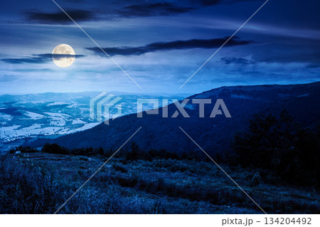 mountain landscape under sky with clouds at night. countryside scenery with meadow, rolling hills and valley in full moon light. hiking place in summer. background for investment or abstract concepts 134204492