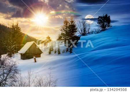 beautiful winter landscape with snow covered hills. day and night time change concept. serene rural scene in mountains with sun and moon. rolling countryside area. duality and transition template beautiful winter landscape with snow covered hills. day and night time change concept. serene rural scene in mountains with sun and moon. rolling countryside area. duality and transition template 134204508