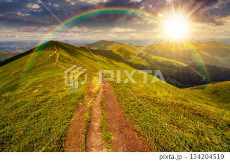 landscape with footpath on top of mountain ridge with grassy slopes at sunset. beautiful scenery on summer weather with clouds on sky in evening light. storytelling cinematic image under the rainbow landscape with footpath on top of mountain ridge with grassy slopes at sunset. beautiful scenery on summer weather with clouds on sky in evening light. storytelling cinematic image under the rainbow 134204519