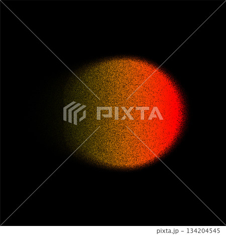 Gradient color round stipple shape background. Abstract orange red blur circle with graduation. Neon colored rounded icon. Colorful geometric graphic vector illustration isolated on black 134204545