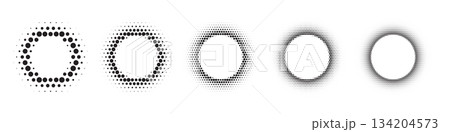 Black dotted round patterns. Golden frames with halftone effect. Abstract shining circle background with light glow elements. Modern futuristic graphic vector illustration set isolated on white Black dotted round patterns. Golden frames with halftone effect. Abstract shining circle background with light glow elements. Modern futuristic graphic vector illustration set isolated on white 134204573