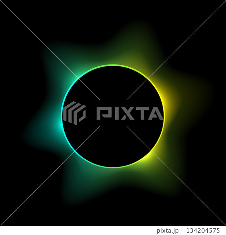 Neon color round frame with gradient effect. Abstract blurred green yellow light circle background. Colored bright blending wavy icon. Colorful geometric graphic vector illustration isolated on black 134204575