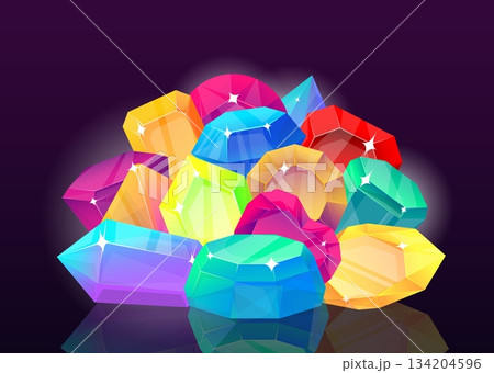 Mountain of sparkling gemstones and crystals against dark background. Rubies and emeralds. Jewel quartz minerals. Faceted rhinestones. Reflection from precious stones. Vector gems heap Mountain of sparkling gemstones and crystals against dark background. Rubies and emeralds. Jewel quartz minerals. Faceted rhinestones. Reflection from precious stones. Vector gems heap 134204596