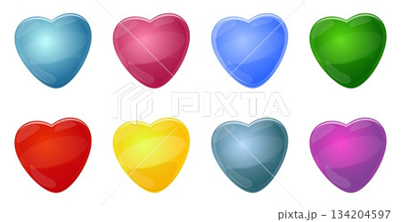 Multicolored glass hearts. Glossy beads. Valentine icon. Wedding balloon. Romantic isolated bubbles. Abstract figure. Party decoration. Vector set of transparent crystal symbols of love Multicolored glass hearts. Glossy beads. Valentine icon. Wedding balloon. Romantic isolated bubbles. Abstract figure. Party decoration. Vector set of transparent crystal symbols of love 134204597