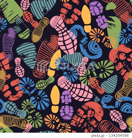 Multicolored prints of different shoes seamless pattern. Color footprints. Sneaker and boot tracking. Way route. Footwear sole imprint. Walk footstep. Dirty shoeprint. Vector background 134204598