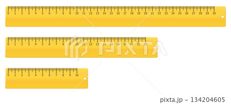 Realistic yellow measuring rulers ten, twenty and thirty centimeters long. Millimeter measurement. Straight lines. School isolated accessories. Plastic scale. Vector stationeries set Realistic yellow measuring rulers ten, twenty and thirty centimeters long. Millimeter measurement. Straight lines. School isolated accessories. Plastic scale. Vector stationeries set 134204605