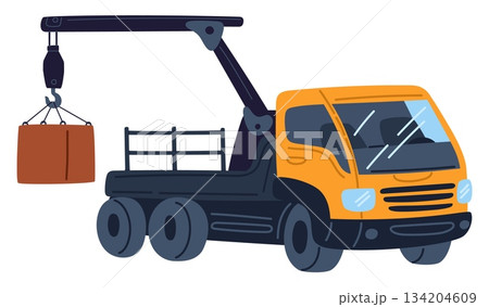 Truck with crane. Vehicle for loading and transporting goods. Car freight delivery. Cargo machine. Box transportation. Packaging lifting with winch. Automobile loader. Vector concept Truck with crane. Vehicle for loading and transporting goods. Car freight delivery. Cargo machine. Box transportation. Packaging lifting with winch. Automobile loader. Vector concept 134204609