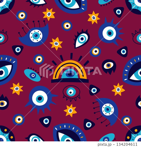 Various cartoon eyes with or without eyelashes seamless pattern. Traditional Turkish or Greek amulet. Repeated print. Hamsa talisman. Occult souvenirs. Occult souvenir. Vector background 134204611