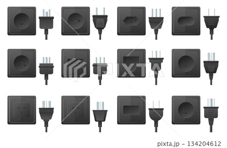 Various types of electrical connectors and sockets made of black plastic. Electricity 3D equipment. European and American standards. Cable adaptors. Electric circuit port shapes vector set 134204612
