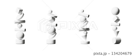 Abstract 3D balance shapes with spheres, cubes and cylinders in a grainy halftone style. Geometric balance and white textured forms create a clean, modern abstract background with retro grain effects 134204679