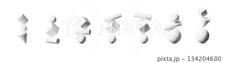 Abstract 3D balance shapes with geometric spheres, cubes and cylinders on a white background. Grainy noise, halftone texture and soft gradients create a clean minimal abstract balance design. 134204680