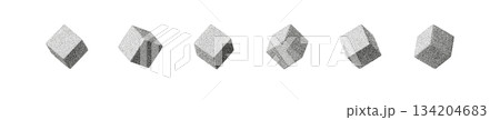 Set of abstract 3D cubes with grainy noise texture and soft halftone shading. Minimal geometric shapes on white background create a modern retro look with subtle stipple gradients and smooth shadows. Set of abstract 3D cubes with grainy noise texture and soft halftone shading. Minimal geometric shapes on white background create a modern retro look with subtle stipple gradients and smooth shadows. 134204683