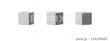 Abstract 3D cubes with grainy noise texture and gradient halftone shading. Minimal geometric shapes on white background create a modern retro look with soft stipple effect and subtle shadow. Abstract 3D cubes with grainy noise texture and gradient halftone shading. Minimal geometric shapes on white background create a modern retro look with soft stipple effect and subtle shadow. 134204684