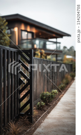 A contemporary cottage features a stylish black and natural wood fence with geometric designs. Lavender plants enhance the minimal garden environment, creating a serene outdoor space 134204708