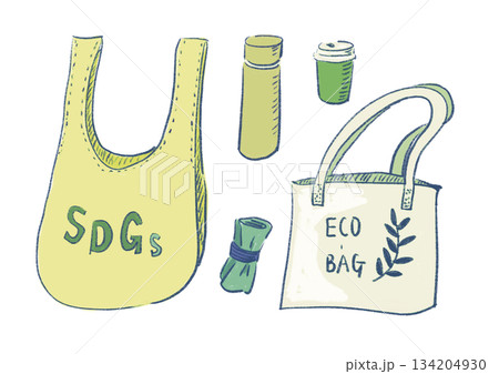 エコバッグやマイボトルなど環境配慮アイテムの手描き風イラスト｜エコバッグ,SDGs,マイボトル 134204930
