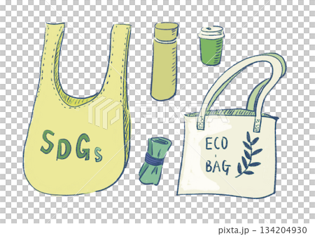 エコバッグやマイボトルなど環境配慮アイテムの手描き風イラスト｜エコバッグ,SDGs,マイボトル 134204930