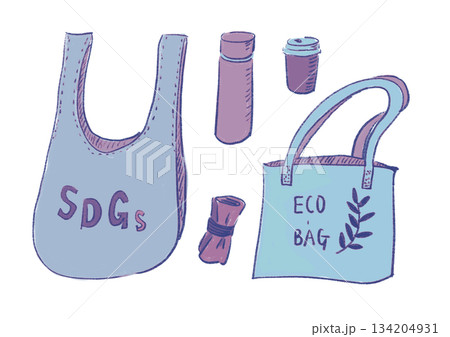 エコバッグやマイボトルなど環境配慮アイテムの手描き風イラスト|エコバッグ,SDGs,マイボトル エコバッグやマイボトルなど環境配慮アイテムの手描き風イラスト|エコバッグ,SDGs,マイボトル 134204931