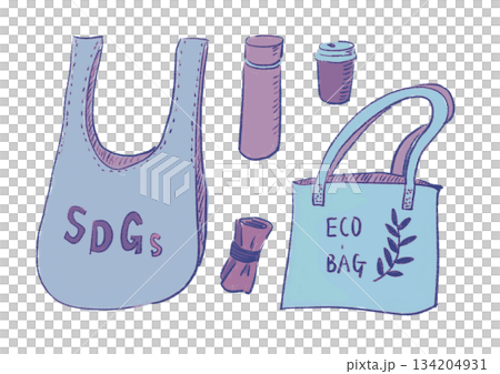エコバッグやマイボトルなど環境配慮アイテムの手描き風イラスト|エコバッグ,SDGs,マイボトル エコバッグやマイボトルなど環境配慮アイテムの手描き風イラスト|エコバッグ,SDGs,マイボトル 134204931