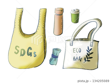 エコバッグとマイボトルなど環境配慮アイテムのイラスト|エコバッグ,SDGs,マイボトル エコバッグとマイボトルなど環境配慮アイテムのイラスト|エコバッグ,SDGs,マイボトル 134205089