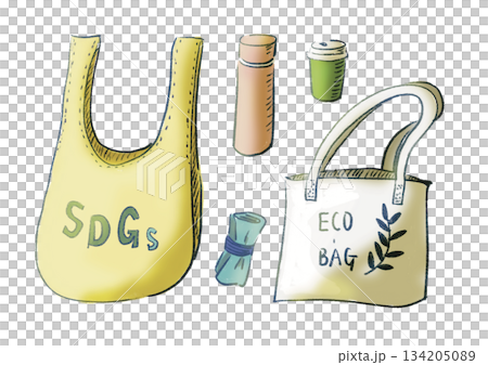 環保物品插圖，例如環保袋和我的水瓶 | 環保袋、永續發展目標、我的水瓶 134205089