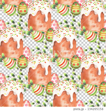 Seamless pattern of easter kulich cake, willows and easter eggs. Watercolor illustration. For fabric, wallpaper, packing paper, greeting cards, design, decoration and illustration. 134205158