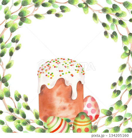 Square frame of willows branches, easter cake and eggs. Watercolor illustration. For fabric, wallpaper, packing paper, greeting cards, design, decoration and illustration. 134205160