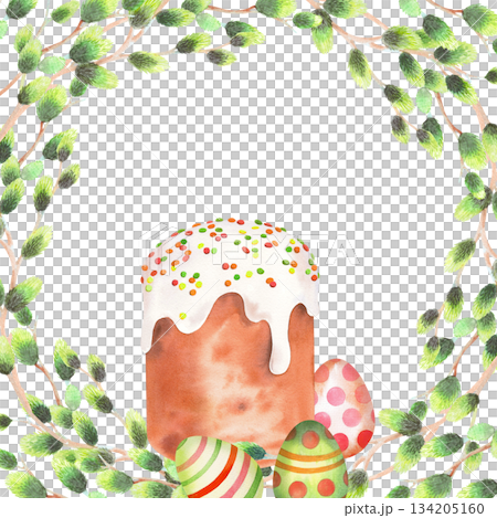 Square frame of willows branches, easter cake and eggs. Watercolor illustration. For fabric, wallpaper, packing paper, greeting cards, design, decoration and illustration. 134205160