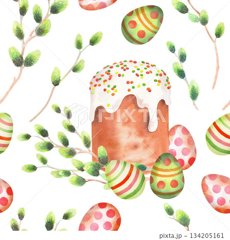 Seamless pattern of easter cake, willows and easter eggs. Watercolor illustration. For fabric, wallpaper, packing paper, greeting cards, design, decoration and illustration. 134205161