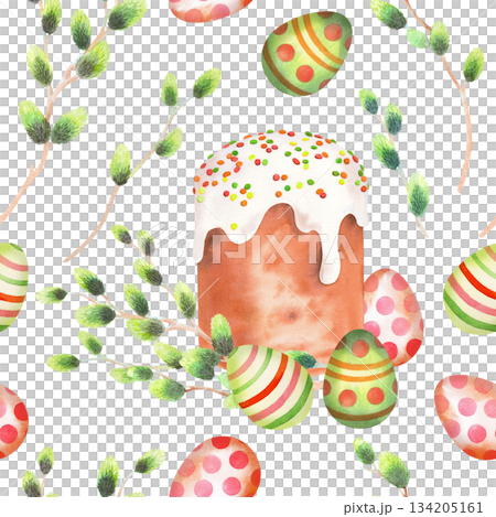 Seamless pattern of easter cake, willows and easter eggs. Watercolor illustration. For fabric, wallpaper, packing paper, greeting cards, design, decoration and illustration. 134205161