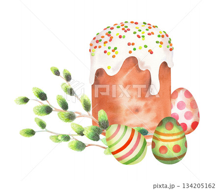 Easter composition of kulich cake, willow banches and easter eggs. Watercolor illustration. For fabric, wallpaper, packing paper, greeting cards, design, decoration and illustration. 134205162