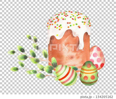 Easter composition of kulich cake, willow banches and easter eggs. Watercolor illustration. For fabric, wallpaper, packing paper, greeting cards, design, decoration and illustration. 134205162