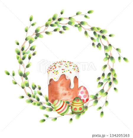 Wreath of willows branches, easter cake and eggs. Watercolor illustration. For fabric, wallpaper, packing paper, greeting cards, design, decoration and illustration. 134205163