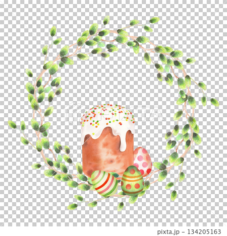 Wreath of willows branches, easter cake and eggs. Watercolor illustration. For fabric, wallpaper, packing paper, greeting cards, design, decoration and illustration. 134205163