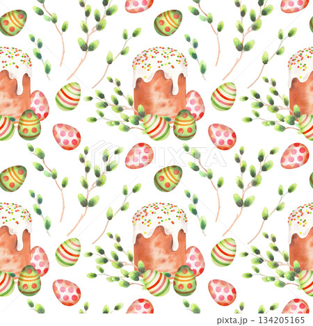 Seamless pattern of easter cake, willows and easter eggs. Watercolor illustration. For fabric, wallpaper, packing paper, greeting cards, design, decoration and illustration. 134205165