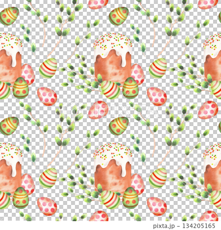 Seamless pattern of easter cake, willows and easter eggs. Watercolor illustration. For fabric, wallpaper, packing paper, greeting cards, design, decoration and illustration. 134205165