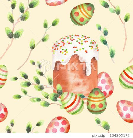 Seamless pattern of easter cake, willows and easter eggs on a beige background. Watercolor illustration. For fabric, wallpaper, packing paper, greeting cards, design, decoration and illustration. 134205172